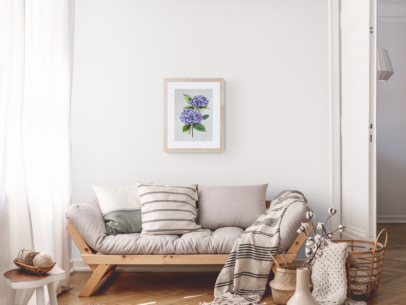 Hydrangea Watercolor Painting Blue Hydrangeas Art Floral Botanical Art Flowers Original Wall Art 14 by 10 inches image 4