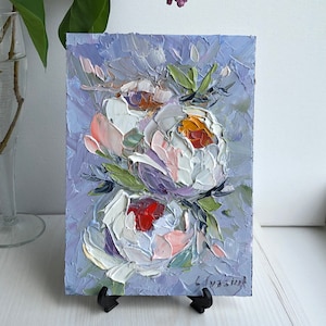Pintura de peonía blanca, arte floral original, pintura de flores empastadas, 7 x 5 pulgadas, textura, arte al óleo, pequeña pintura al óleo 3D