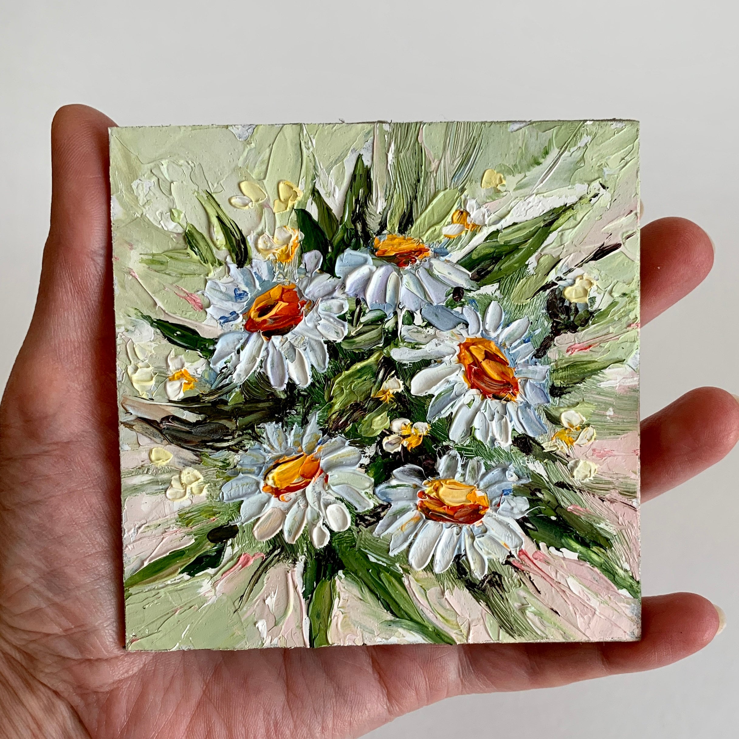 Daisy Flowers Painting Miniature Floral Art Small 3d Oil Painting 4 by ...