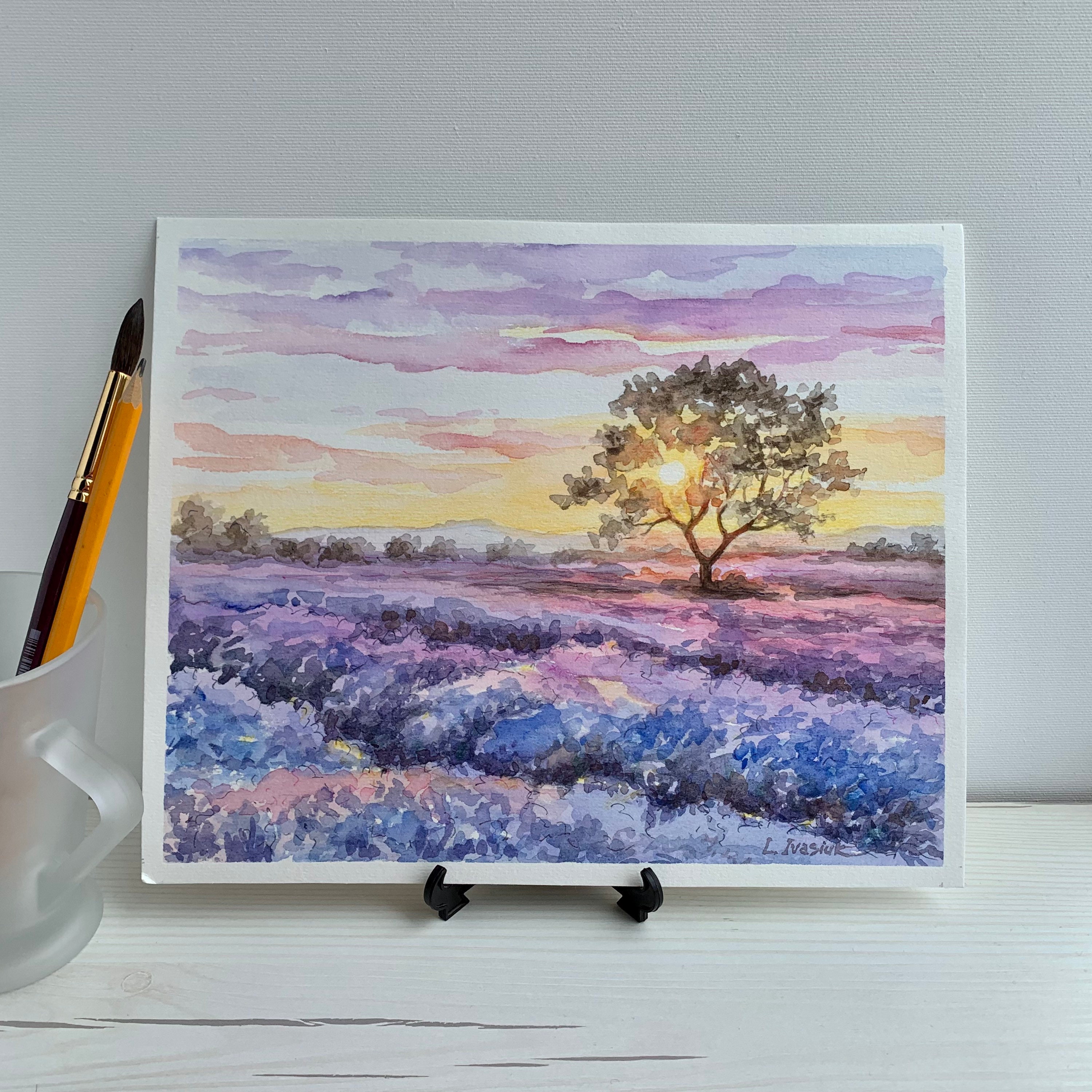 ラベンダー畑の絵画 トスカーナの風景画 8 x 10インチ トスカーナの
