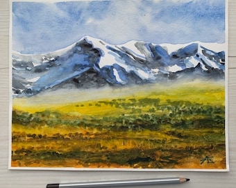 Peinture de montagne enneigée Colorado Landscape Art Original Aquarelle Artwork Camping Wall Art 8 par 10 pouces