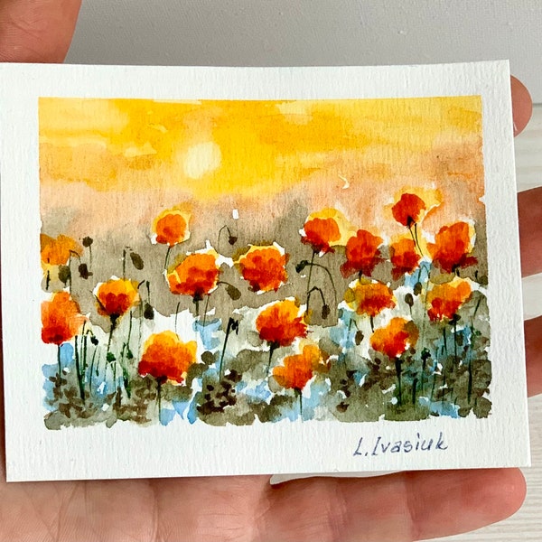 Provence Mohnfeld Kleine Landschaft Malerei Mohnblumen Original Art ACEO Aquarell Malerei 6,5 x 3,5 Zoll