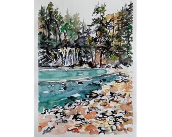 Hanging Lake Painting Colorado Landscape Art Small Watercolor Artwork 7 by 5 inches Waterfall Original Painting