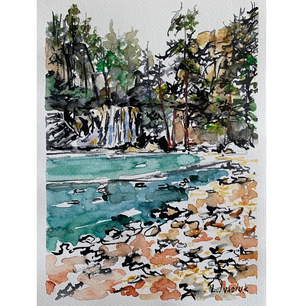 Peinture de lac suspendu Colorado Landscape Art Petite aquarelle œuvre 7 par 5 pouces Cascade Peinture originale