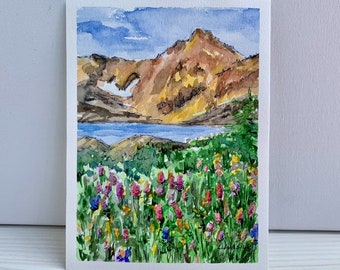 Peinture de paysage à l'aquarelle du Colorado, art original de fleurs sauvages, peinture de montagne du Colorado, petite aquarelle de 7 x 5 pouces