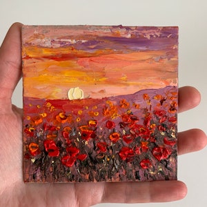 Poppy fields painting California poppies art Small 3d oil painting 4 x 4 inches
