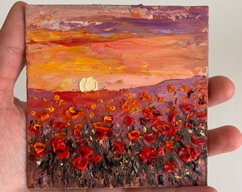 Mohnblumen Felder Malerei Kalifornische Mohnblumen Kunst Kleines 3D-Ölgemälde 4 x 4 Zoll