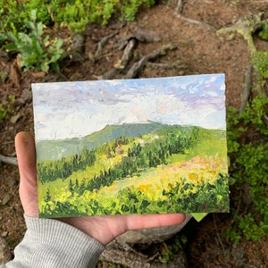 Pintura de paisaje de montaña Arte de árboles de pino Arte de aceite original 5 por 7 pulgadas