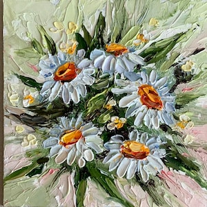 Flores de margarita pintando arte floral en miniatura Pequeña pintura al óleo 3d 4 por 4 pulgadas
