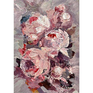 Pintura de peônias rosa, arte floral original, pintura de peônia empastada, textura, arte acrílica