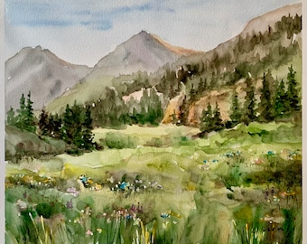Colorado Mountains Art Landscape watercolor painting Rocky Mountains artwork 12 x 14 inches Original Watercolor painting