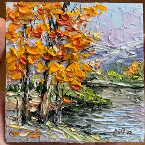 Pintura de paisaje de otoño Arte del lago Colorado Pintura de follaje de otoño Pintura al óleo 3D pequeña original de 4 por 4 pulgadas
