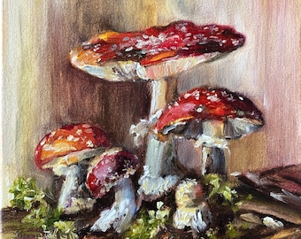 Mushrooms Oil Painting Fly Agaric Painting Amanita Mushrooms Art Still life artwork Small Kitchen Wall Art 8 by 8 inches Original painting