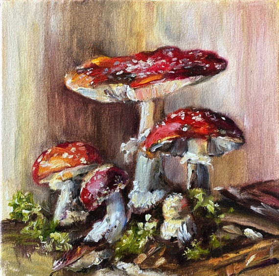 Mushrooms Oil Painting Fly Agaric Painting Amanita Mushrooms Art Still life artwork Small Kitchen Wall Art 8 by 8 inches Original painting