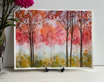Trees watercolor painting Fall Foliage Wall Art Aspen original painting 9 by 12 inches Red trees wall decor