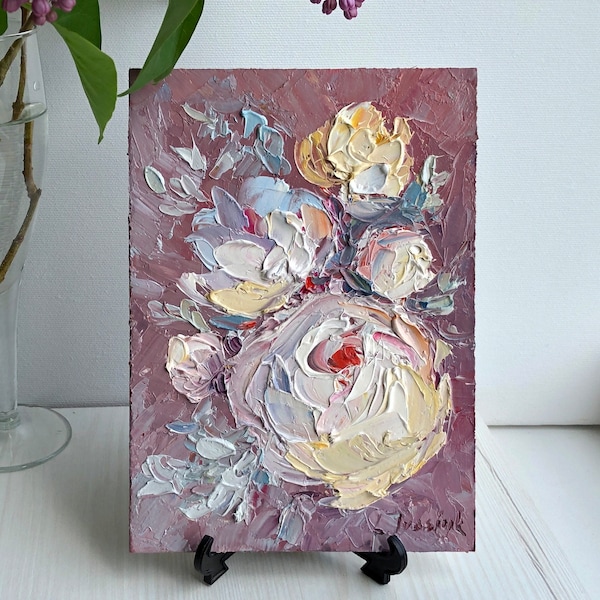 Flowers Painting Original Impasto Art White Peony Artwork 7 by 5 inches Floral Oil Painting Small 3D Oil Painting