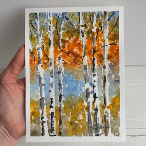 Fall Watercolor Painting Birch trees painting Colorado Landscape Art Aspen Forest Wall Art 7 by 5 inches
