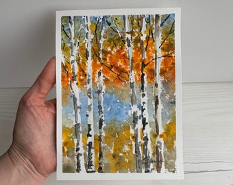 Aquarelle d'automne, peinture de bouleaux, art de paysage du Colorado, art mural de forêt de trembles 7 x 5 po.