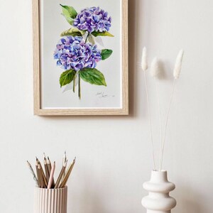 Hydrangea Watercolor Painting Blue Hydrangeas Art Floral Botanical Art Flowers Original Wall Art 14 by 10 inches image 3