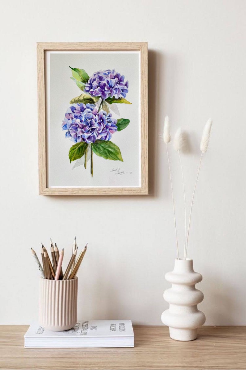 Hydrangea Watercolor Painting Blue Hydrangeas Art Floral Botanical Art Flowers Original Wall Art 14 by 10 inches image 3