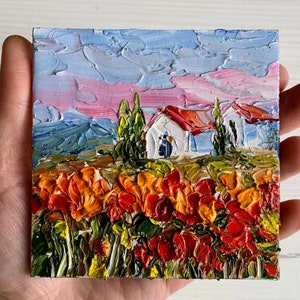Pintura de la Toscana Amapola Arte original de empastes Arte mural de paisaje italiano de Liubov Ivasiuk Obra de arte al óleo pequeña de 4 x 4 pulgadas