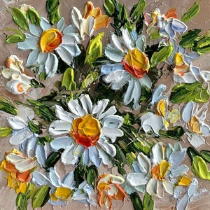 Pintura de flores de margaritas Pintura al óleo original Arte al óleo 3D pequeño