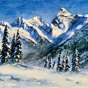 絵画 Winter Mountains Snowy Mountain Tops Original Watercolor Painting Winter