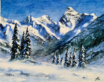 Peinture de paysage d'hiver, art de la montagne du Colorado, oeuvre de montagnes enneigées, 20 x 10 pouces, aquarelle originale