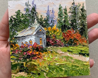 Oud kerkschilderij Kerk van West-Virginia Klein 3D-olieverfschilderij 4 x 4 inch Origineel olieverfschilderij