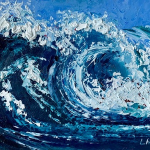 Pintura al óleo pequeña de un océano tormentoso, obra de arte original de olas