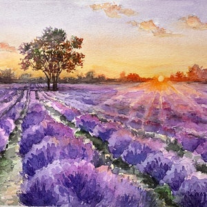 Aquarelle originale de paysage de peinture de Toscane, champs de lavande, coucher de soleil, peinture lavande