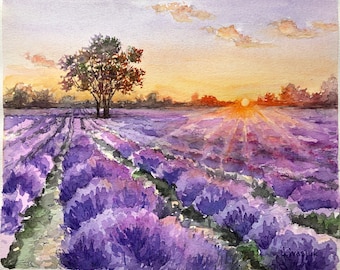 Tuscany Painting Landscape Original Watercolor Lavender Fields Sunset Painting Lavender Art