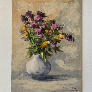 Pintura al óleo de flores silvestres Naturaleza muerta Arte floral Obra de arte texturizada original 16 x 12 pulgadas del artista Liubov Ivasiuk