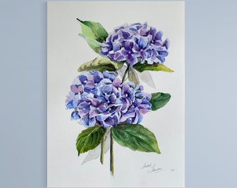 Hydrangea Watercolor Painting Blue Hydrangeas Art Floral Botanical Art Flowers Original Wall Art 14 by 10 inches