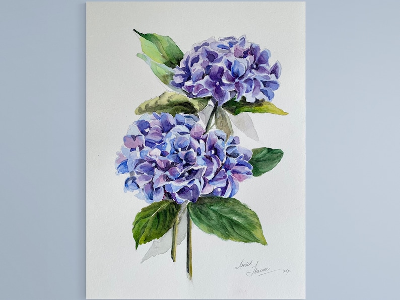 Hydrangea Watercolor Painting Blue Hydrangeas Art Floral Botanical Art Flowers Original Wall Art 14 by 10 inches image 1