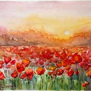 Pittura ad acquerello dei campi di papaveri, arte della parete del paesaggio dei papaveri, decorazioni per la casa, regalo di inaugurazione della casa, pittura al tramonto, arte dei papaveri della California