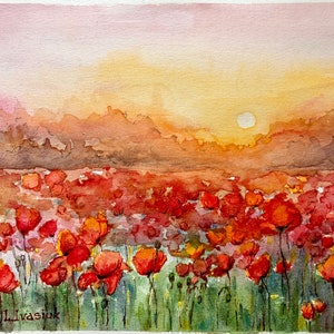 Poppy Fields Watercolor Painting,Poppies Landscape Wall Art, Home Decor, Homewarming Gift,Sunset Painting,California Poppies Art