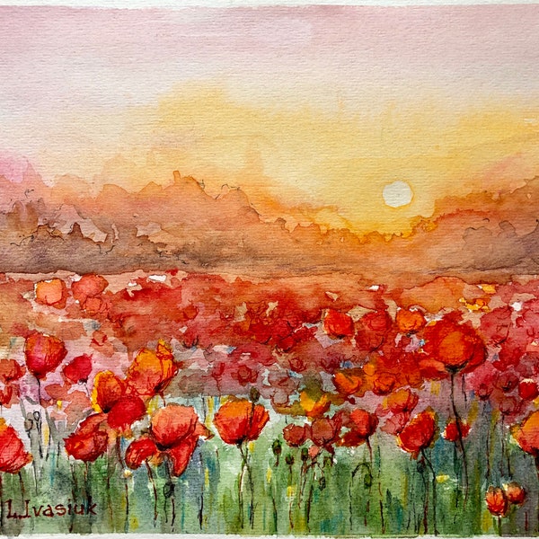 Poppy Fields Watercolor Painting,Poppies Landscape Wall Art, Home Decor, Homewarming Gift,Sunset Painting,California Poppies Art