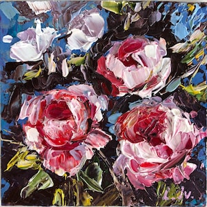 Rosas, arte original, pequeña pintura floral en 3D, pintura al óleo, miniatura, obra de arte empaste, 3,5 x 3,5 pulgadas