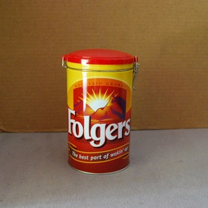 Folgers Coffee Tin with Hinged Lid Closure, Kitchen Decor, Farmhouse Decor
