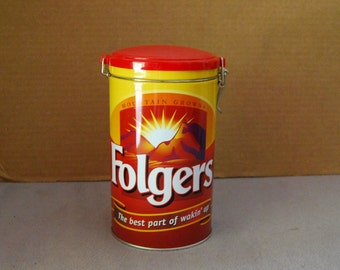 Folgers Coffee Tin with Hinged Lid Closure, Kitchen Decor, Farmhouse Decor