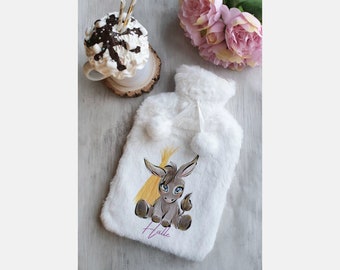 Personalised Cute Donkey Super Soft 2 Litre Hot Water Bottle with Removable Cover, Heat Packs, Self Care Wellness, Fall Autumn Winter Gift