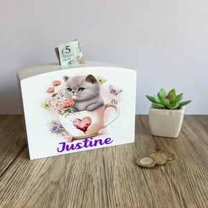 Personalised Kitten Wooden Rectangular Shaped Money Box