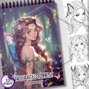 Könnte beinhalten: Ein Malbuch mit einem Cover, das eine Fee mit blauen Flügeln und einer Blumenkrone zeigt. Der Titel des Buches lautet "Enchanted Forest Coloring Book" und es hat 22 Seiten.