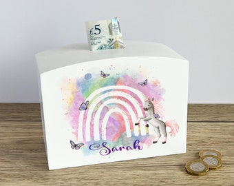 Personalised Unicorn Rainbow Wooden Rectangular Shaped Money Box