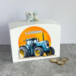 Personalized Wooden Money Box: Blue Tractor Design, First Savings Gift