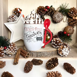 North Pole Hot Chocolate printed White/Red mug & spoon set.  Luxury Ceramic mug with spoon perfect for hot chocolate/cocoa. Christmas mug.