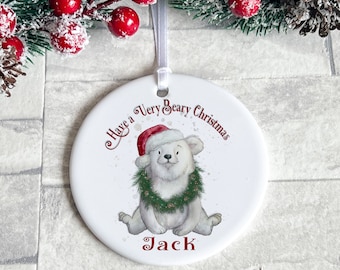 Beary Christmas Ceramic Decoration, Personalised Christmas Tree bauble, Keepsake Ornament