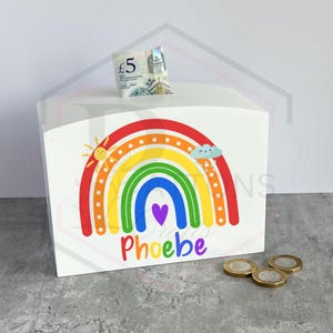 Personalised Wooden Money Box: Rainbow Design, First Savings Bank