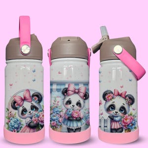 Botella térmica infantil con diseño de panda adorable - Pandas de dibujos animados adorables / / Tapa abatible con pajita / Acero inoxidable / Botella de agua para niños / Botella para niños con asa